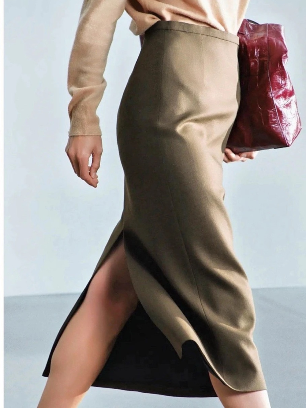 Zara Woman Collection 100% Wool Midi Skirt Khaki XS NWT - Picture 2 of 5
